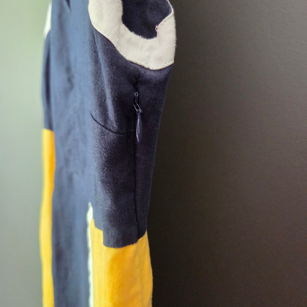 Boden Navy Blue Yellow Sleeveless Colorblock 100% Linen Shift Dress V-Neck 4P - Picture 5 of 8